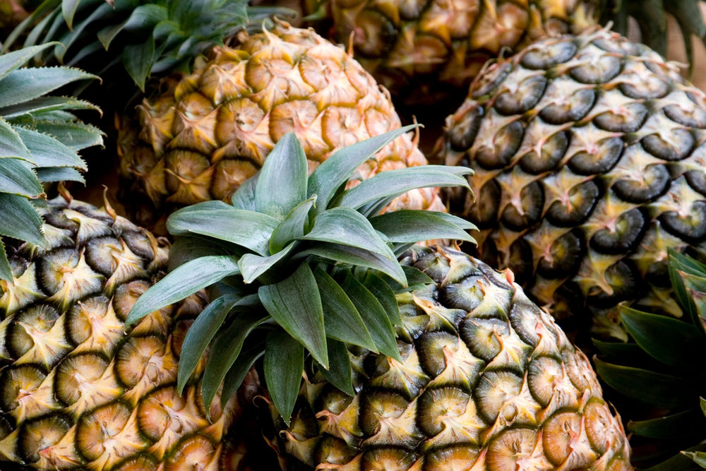 Fresh whole pineapples with green crowns, key ingredient image representing pineapple rich in bromelain enzyme, used in beauty, skincare, supplements, teas and wellness products for gentle exfoliation, digestive support and natural nutrition.