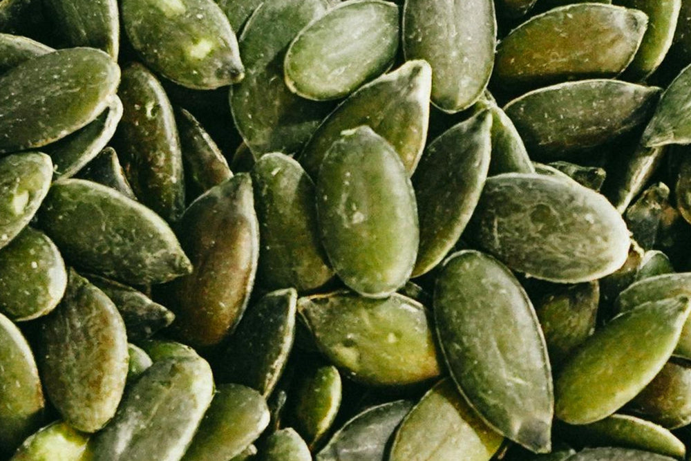 Nutrient-rich green pumpkin seeds, a powerhouse ingredient in skincare known for supporting collagen production, balancing oil levels, and deeply nourishing skin with essential fatty acids, zinc and antioxidants.