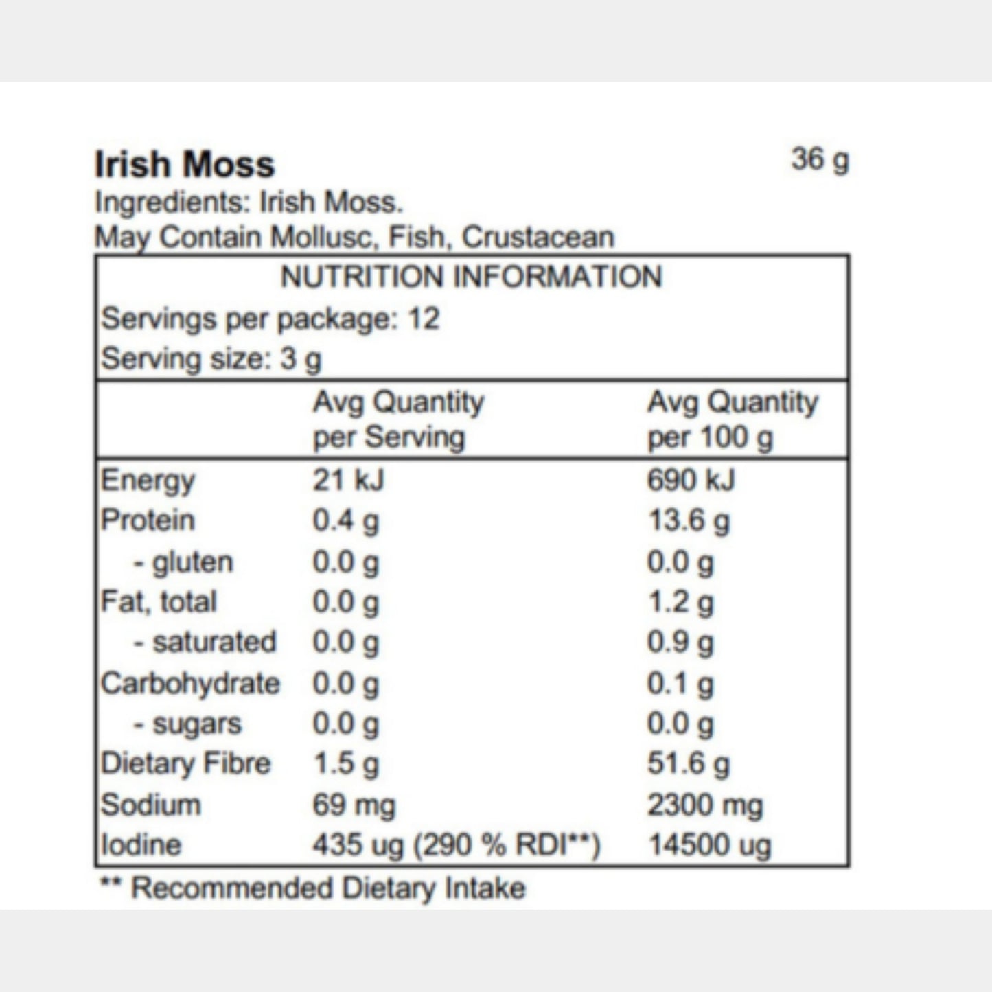 Pacific harvest Irish moss pieces nutritional info 36G