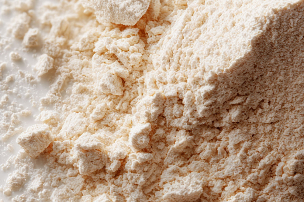 Plant Protein Powder spilled out on white surface in natural light.
