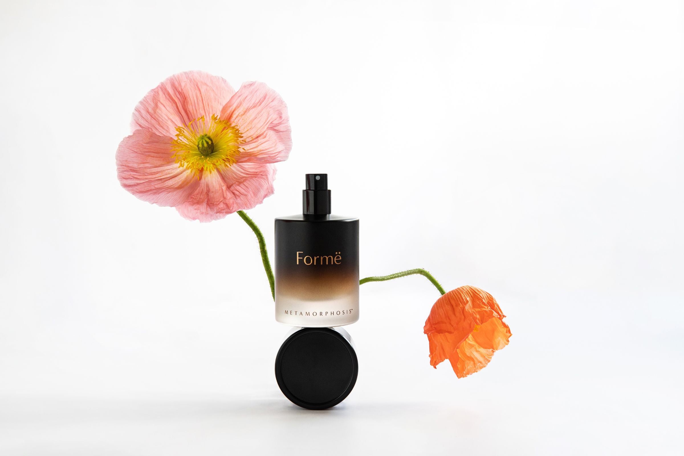 Metamorphosis Formë [for-MAY] aromatherapeutic perfume by Vanessa Megan, shown with the cap off and spray nozzle visible, balanced with soft pink and orange poppies to evoke emotional balance, mood upliftment and hormonal support during perimenopause through post-menopause.