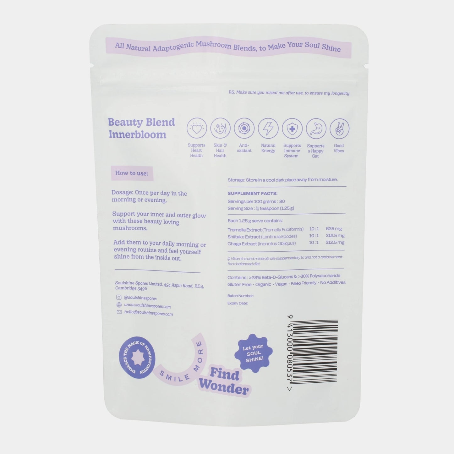 The back of the Soulshine Spores InnerBloom Beauty Blend pouch, detailing supplement facts, dosage instructions, and key benefits such as antioxidant support, skin and hair health, and immune system support. The packaging emphasizes its organic, vegan, and additive-free formulation.