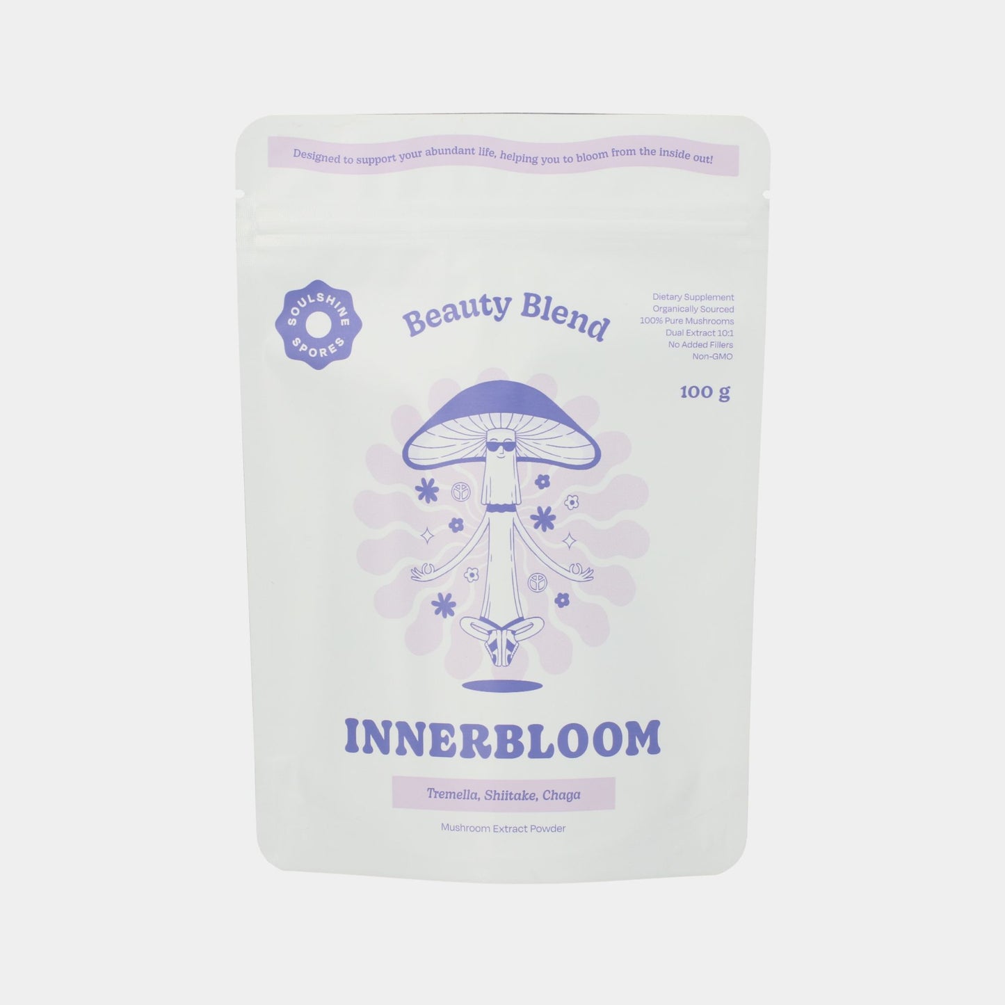  100g Pouch of Soulshine Spores InnerBloom Beauty Blend certified organic mushroom powder featuring Tremella, Shiitake and Chaga for skin, hair and inner glow support at Intentionally Natural NZ.