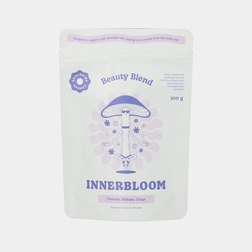  100g Pouch of Soulshine Spores InnerBloom Beauty Blend certified organic mushroom powder featuring Tremella, Shiitake and Chaga for skin, hair and inner glow support at Intentionally Natural NZ.