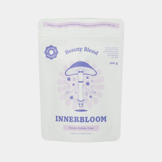 100g Pouch of Soulshine Spores InnerBloom Beauty Blend certified organic mushroom powder featuring Tremella, Shiitake and Chaga for skin, hair and inner glow support at Intentionally Natural NZ.