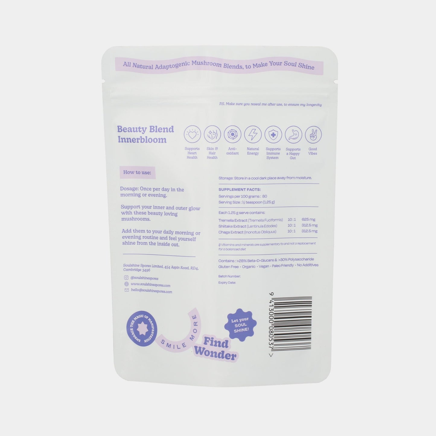 Back of Soulshine Spores InnerBloom Beauty Blend packaging – supplement facts, usage instructions, ingredients (Tremella, Shiitake, Chaga), vegan, gluten-free, non-GMO
