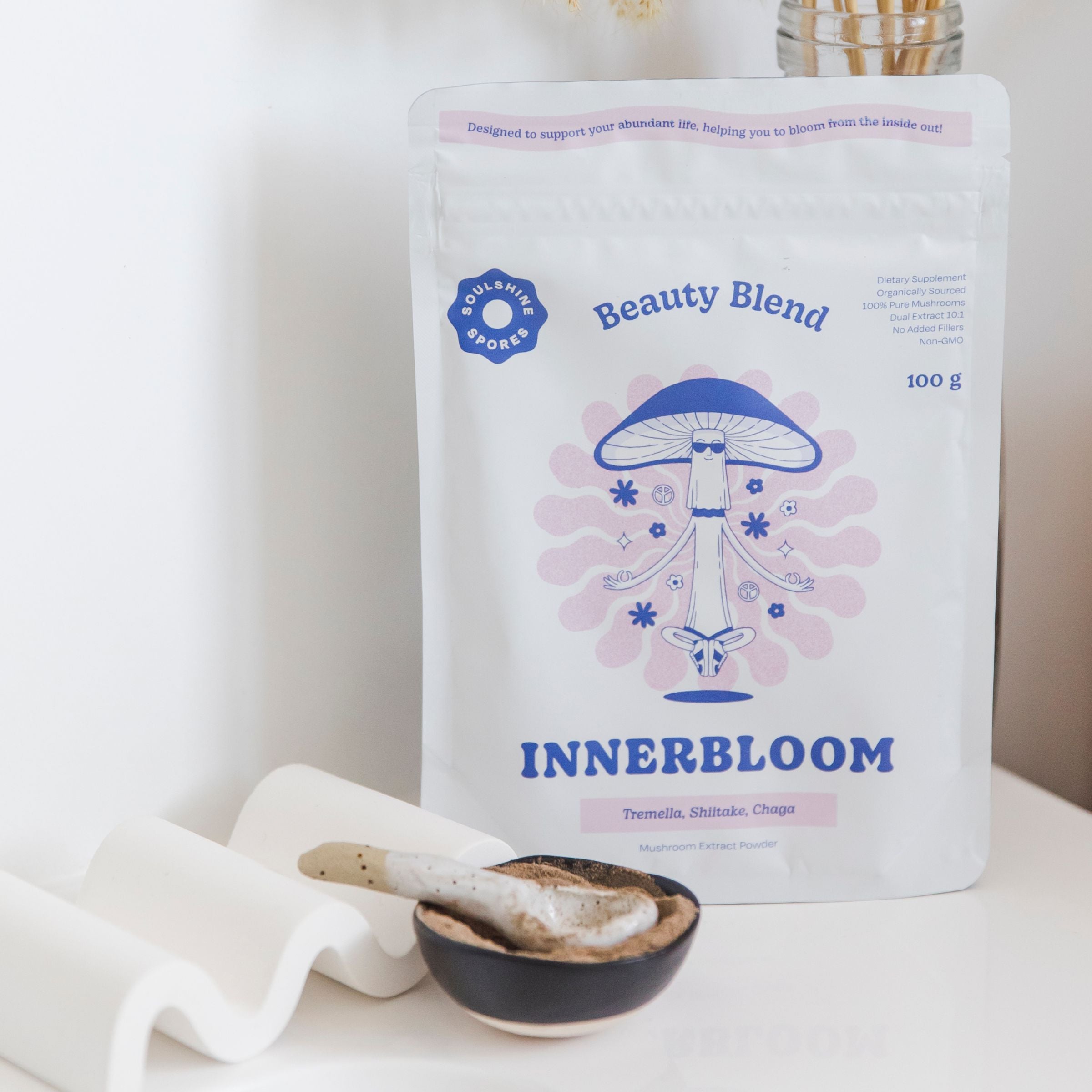 Soulshine Spores InnerBloom Beauty Blend with ceramic bowl – Tremella, Shiitake, and Chaga mushroom powder for skin and wellness support