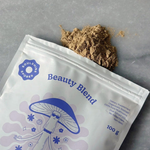 Open Soulshine Spores Beauty Blend pouch with visible mushroom powder – organic blend of Tremella, Shiitake, and Chaga for beauty and vitality