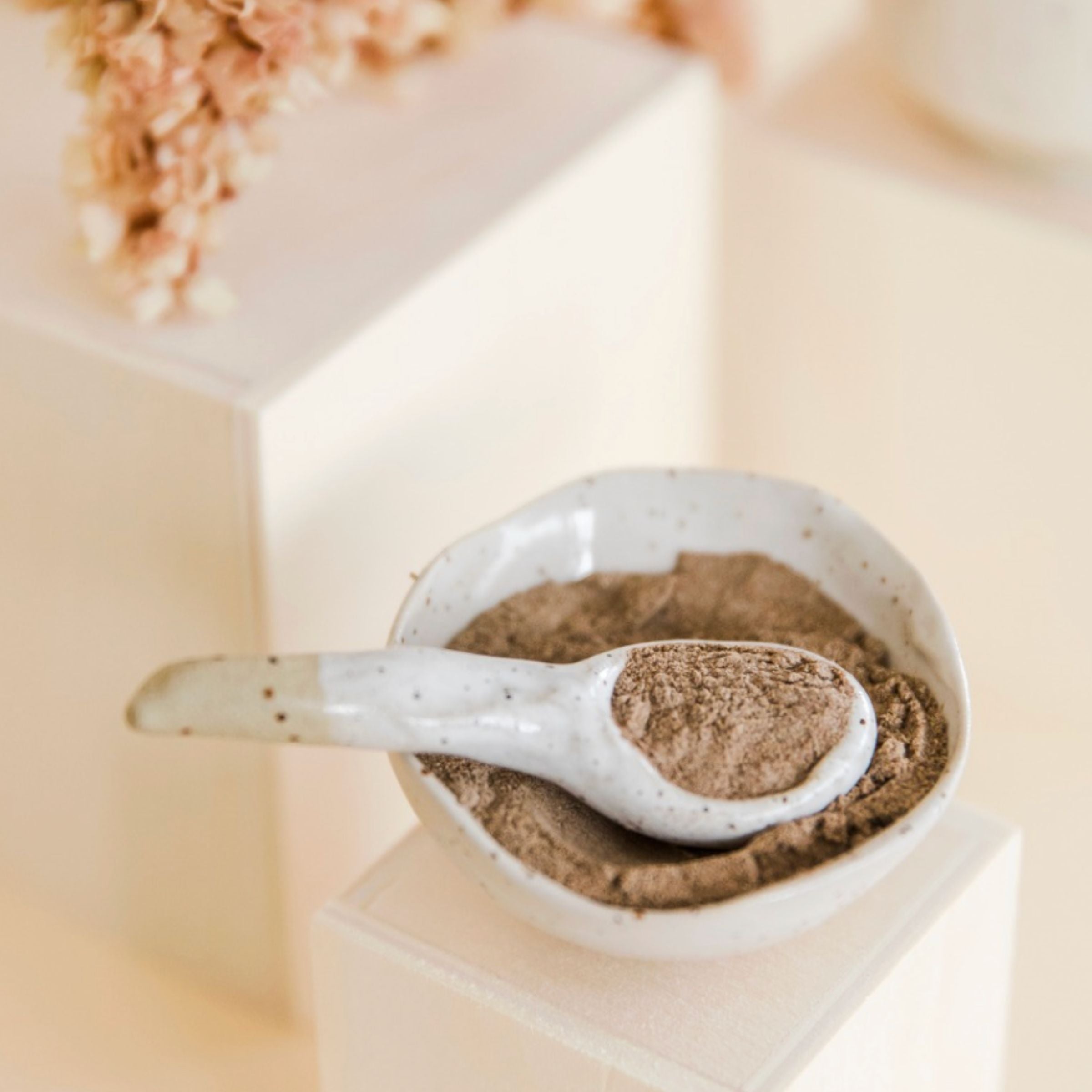 Ceramic bowl of Soulshine Spores InnerBloom mushroom powder – nourishing blend of Tremella, Shiitake, and Chaga for skin, hair, and wellness support