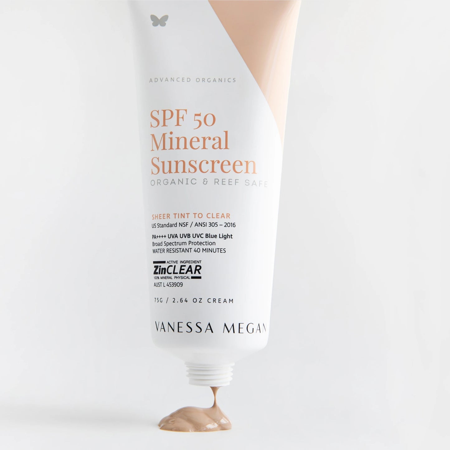 Vanessa Megan SPF 50 Mineral Sunscreen – organic, reef-safe sunscreen being dispensed from tube.