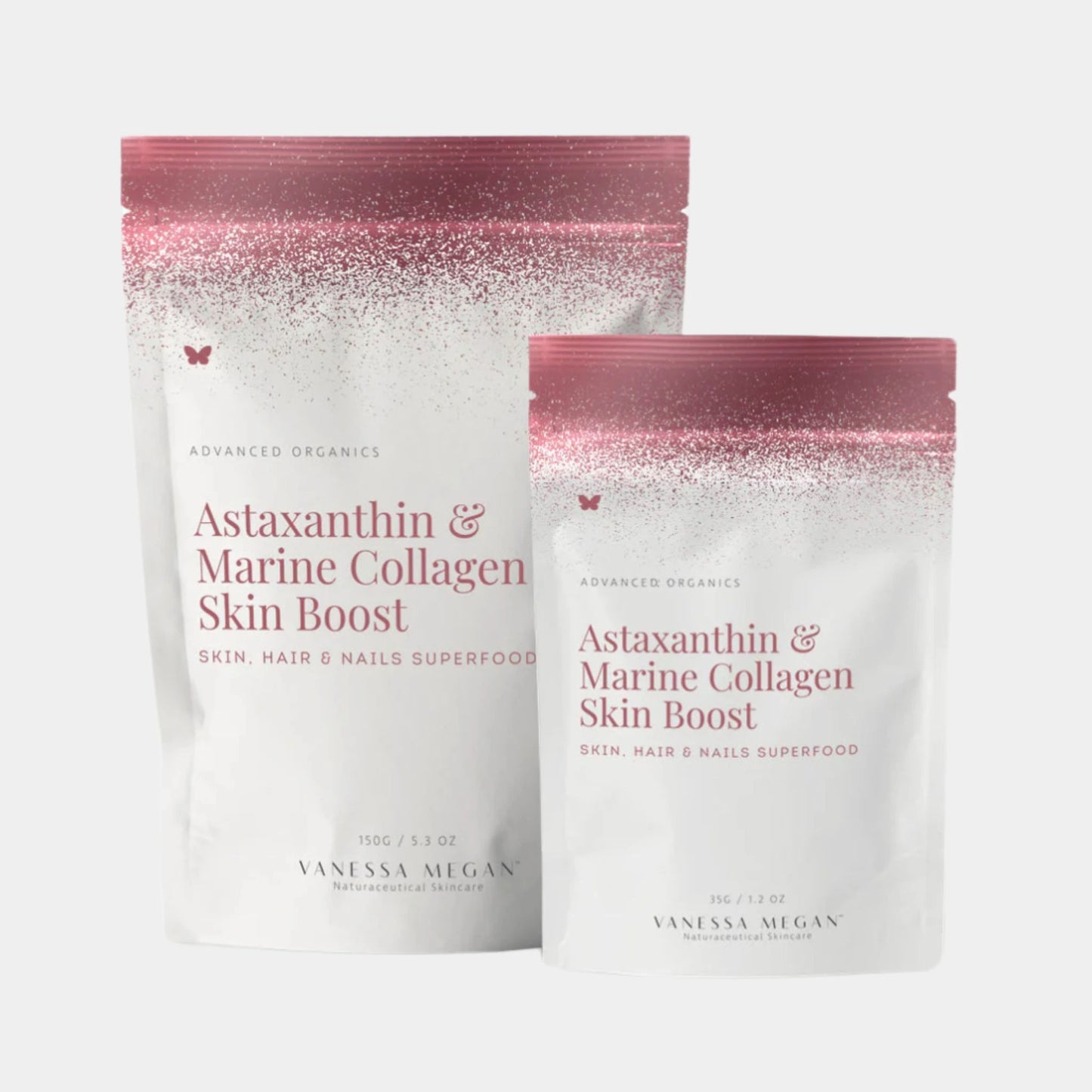 Vanessa Megan Astaxanthin and Marine Collagen Skin Boost 150g and 35g pouch sizes, premium marine collagen peptides with astaxanthin, skin, hair & nails superfood supplement NZ.
