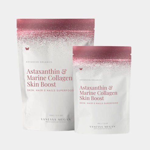 Vanessa Megan Astaxanthin and Marine Collagen Skin Boost 150g and 35g pouch sizes, premium marine collagen peptides with astaxanthin, skin, hair & nails superfood supplement NZ.