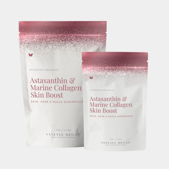 Vanessa Megan Astaxanthin and Marine Collagen Skin Boost 150g and 35g pouch sizes, premium marine collagen peptides with astaxanthin, skin, hair & nails superfood supplement NZ.