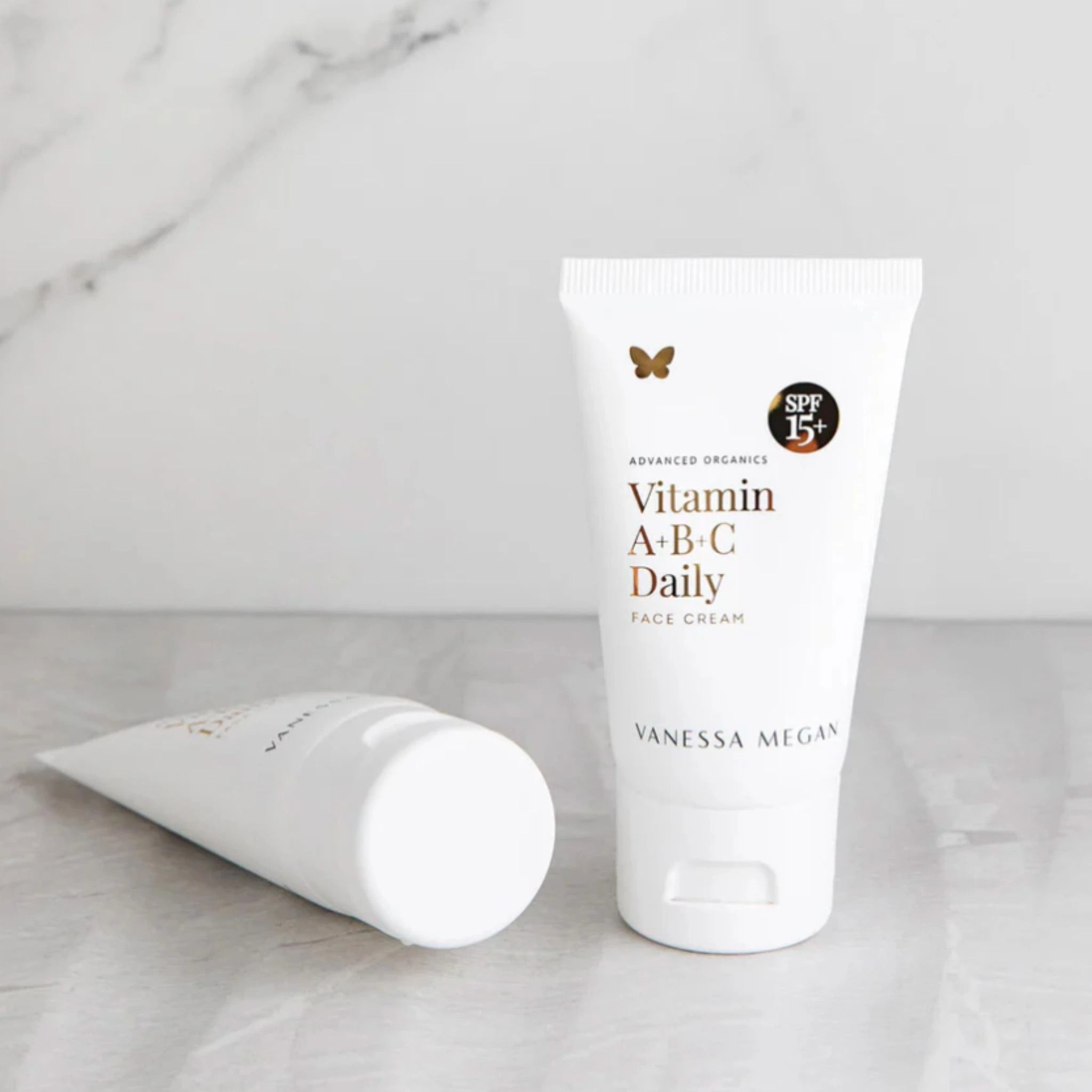 Vanessa Megan Vitamin A+B+C Daily Face Cream with SPF15 – lightweight organic face moisturiser with vitamins and natural sun protection in 100% sugarcane tube packaging.