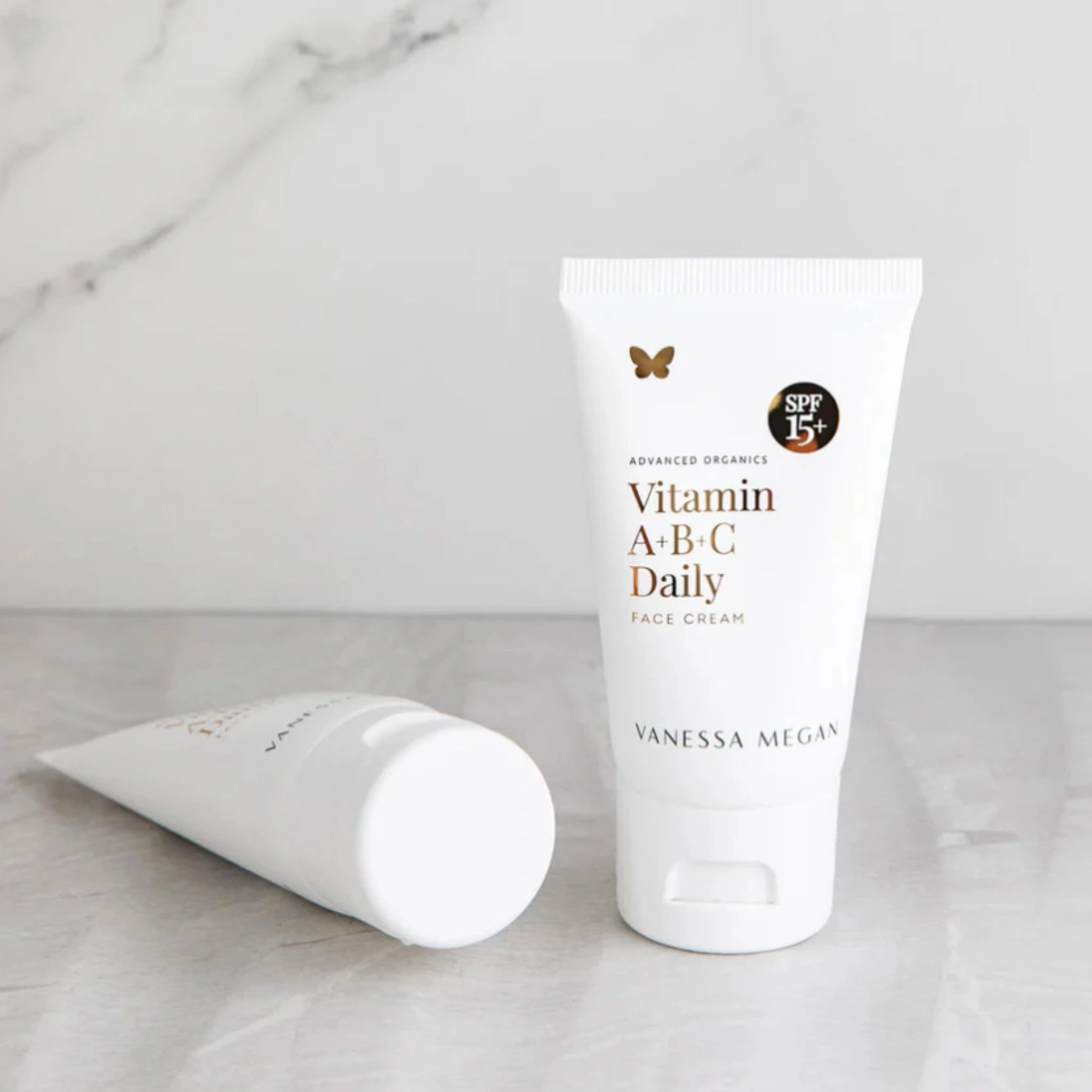 Vanessa Megan Vitamin A+B+C Daily Face Cream with SPF15 – lightweight organic face moisturiser with vitamins and natural sun protection in 100% sugarcane tube packaging