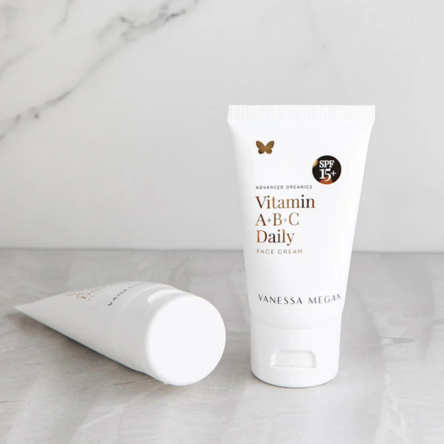 Vanessa Megan Vitamin A+B+C Daily Face Cream with SPF15 – lightweight organic face moisturiser with vitamins and natural sun protection in 100% sugarcane tube packaging
