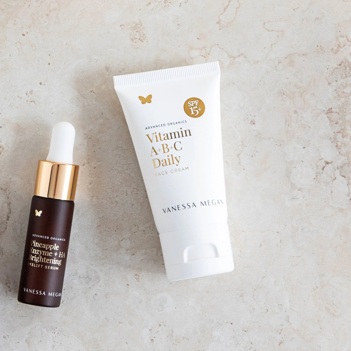 Vanessa Megan Vitamin A+B+C Daily Face Cream with SPF15 and Pineapple Enzyme + HA Brightening Eye Lift Serum – organic skincare duo with natural sun protection and anti-ageing actives in eco sugarcane and glass packaging 