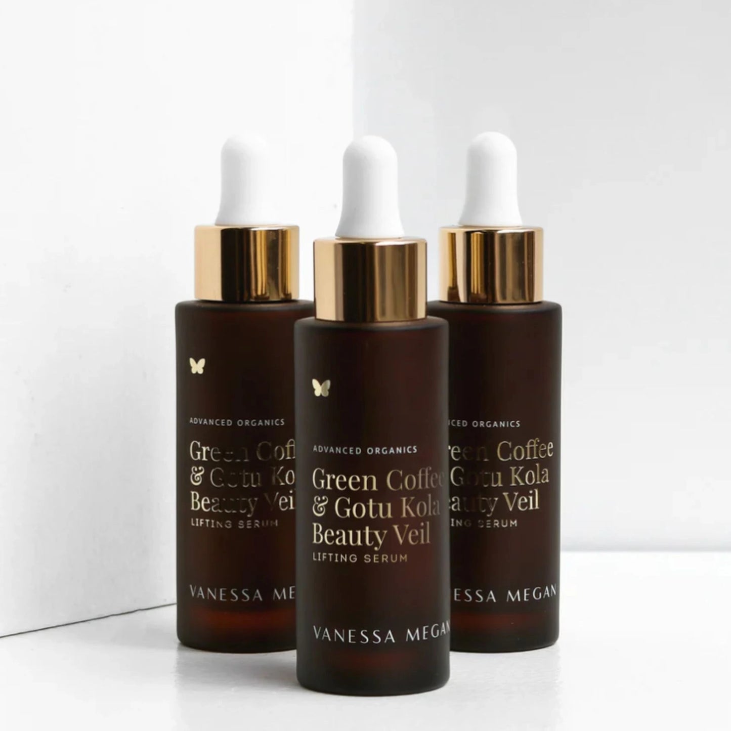 Vanessa Megan Green Coffee & Gotu Kola Beauty Veil Lifting Serum – trio of anti-aging serums for firm, radiant skin