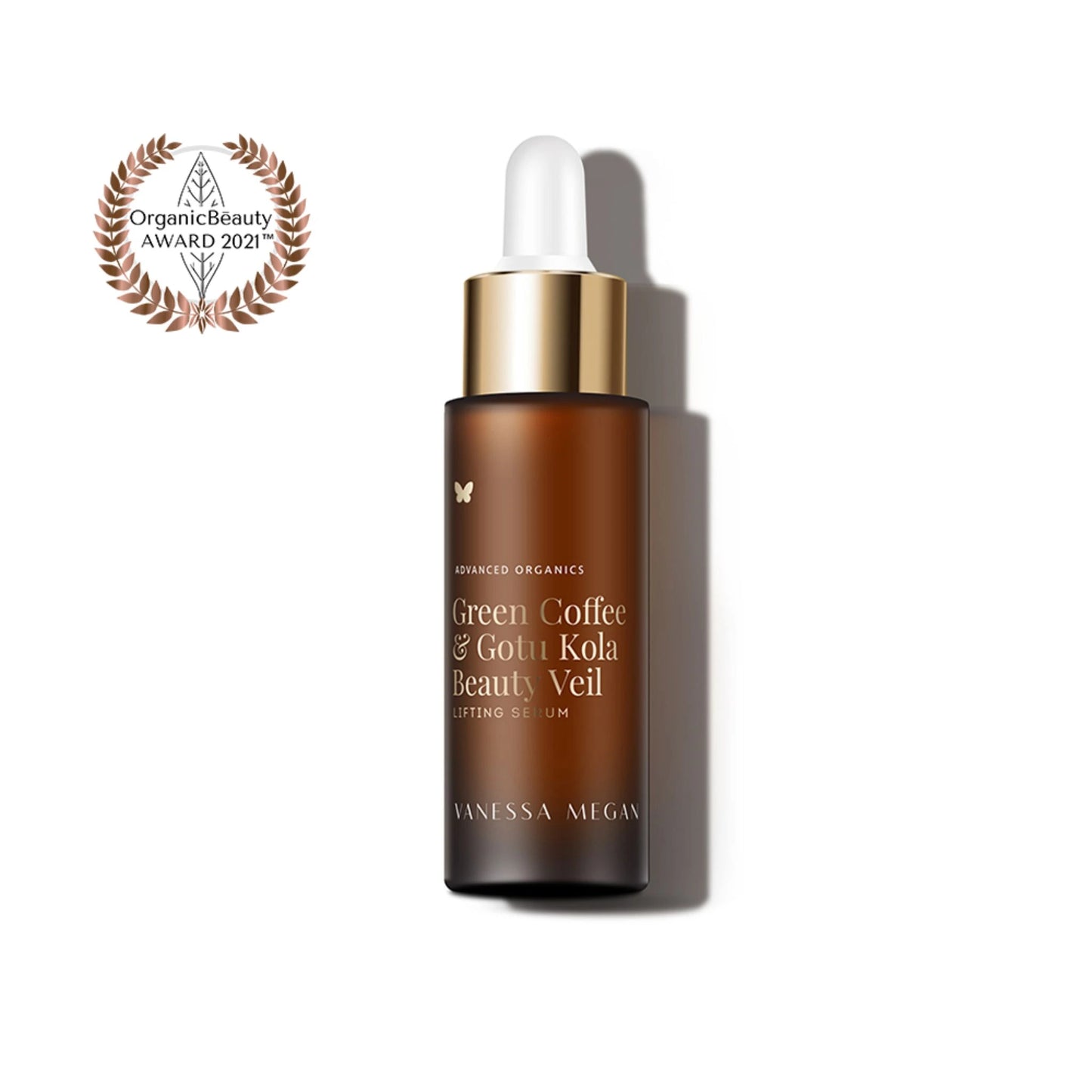 Vanessa Megan Green Coffee & Gotu Kola Beauty Veil dropper bottle on a white background with Organic Beauty Award 2021 logo.