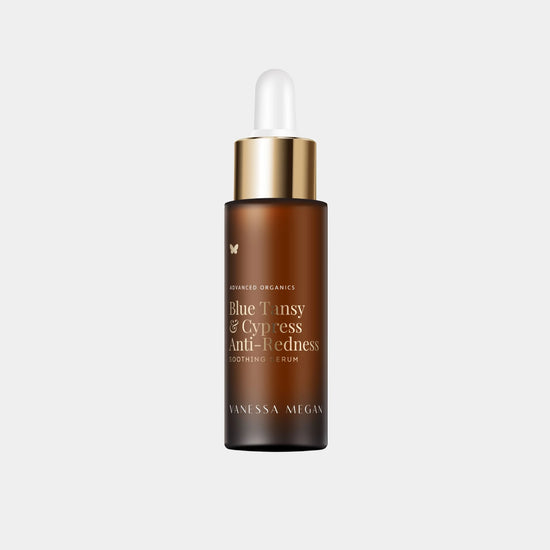 Vanessa Megan Blue Tansy and Cypress Anti-Redness Serum bottle with gold dropper applicator, calming natural face serum for sensitive, red or irritated skin.

