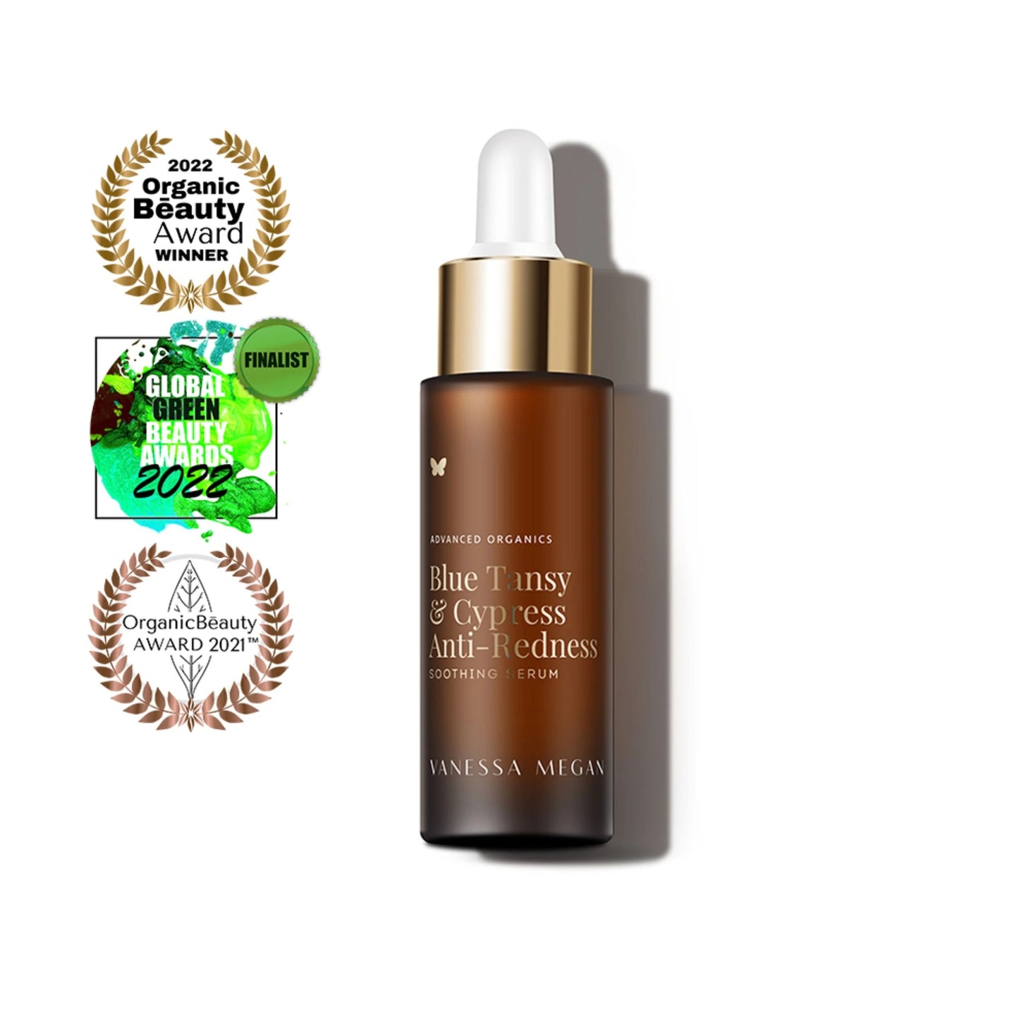 Vanessa Megan Blue Tansy and Cypress Anti-Redness Serum with global organic beauty awards — certified natural anti-redness serum for sensitive, irritated skin.

