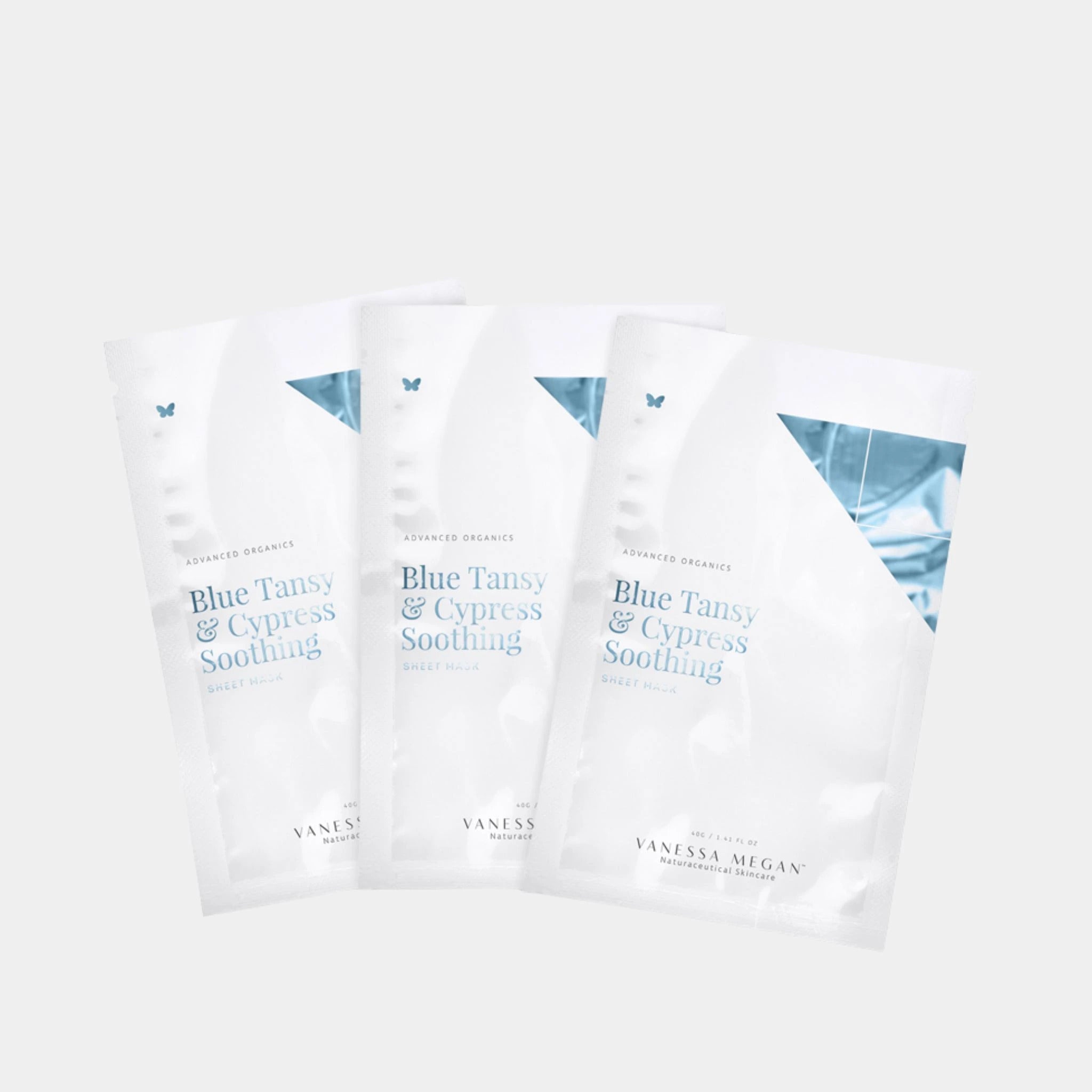 Vanessa Megan Blue Tansy and Cypress Soothing Sheet Mask trio – calming 100% pure cotton natural sheet masks with a skin-soothing blend of natural and organic ingredients for redness-prone skin.