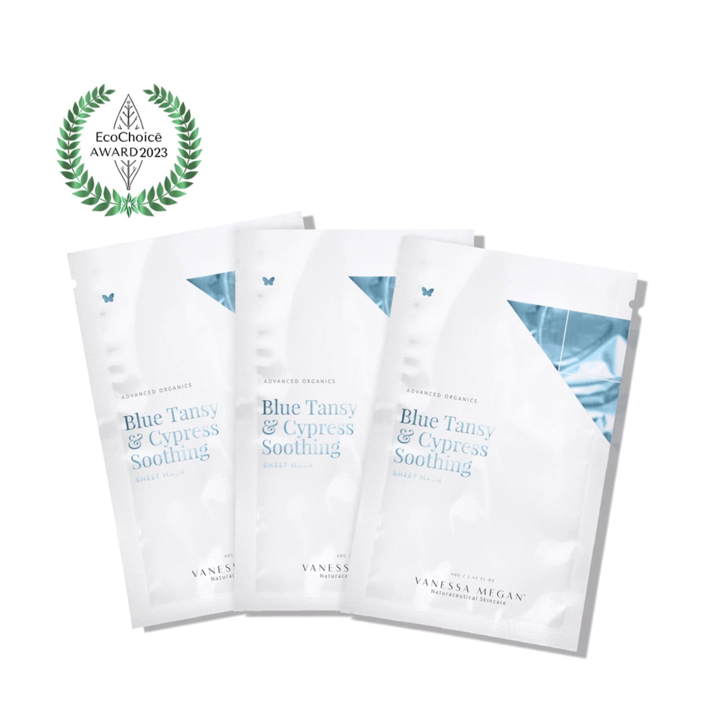 Award-winning Vanessa Megan Blue Tansy and Cypress Soothing Sheet Mask – EcoChoice 2023 natural skincare, designed to calm sensitive, inflamed, and reactive skin.