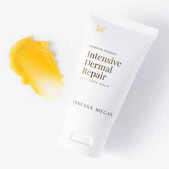 Vanessa Megan Intensive Dermal Repair Moisture Balm with golden balm texture swatch – deeply hydrating organic formula for dry, damaged or sensitive skin