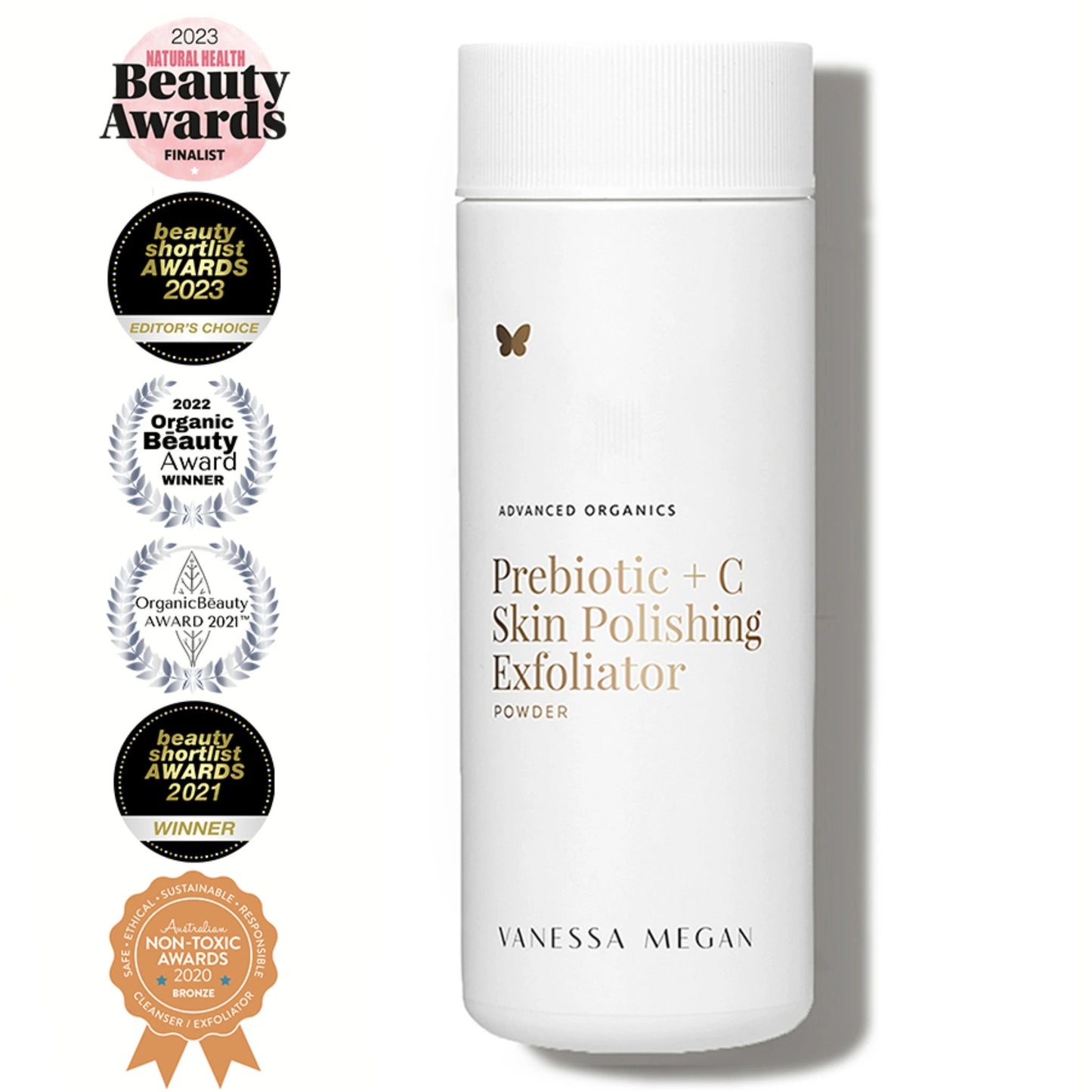Award-winning Vanessa Megan Prebiotic + C Skin Polishing Exfoliator Powder displayed beside organic beauty and non-toxic skincare accolades.
