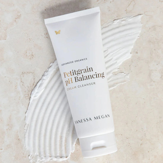 Vanessa Megan Petitgrain pH Balancing Cleanser swatched on surface – creamy natural cleanser for dry and sensitive skin