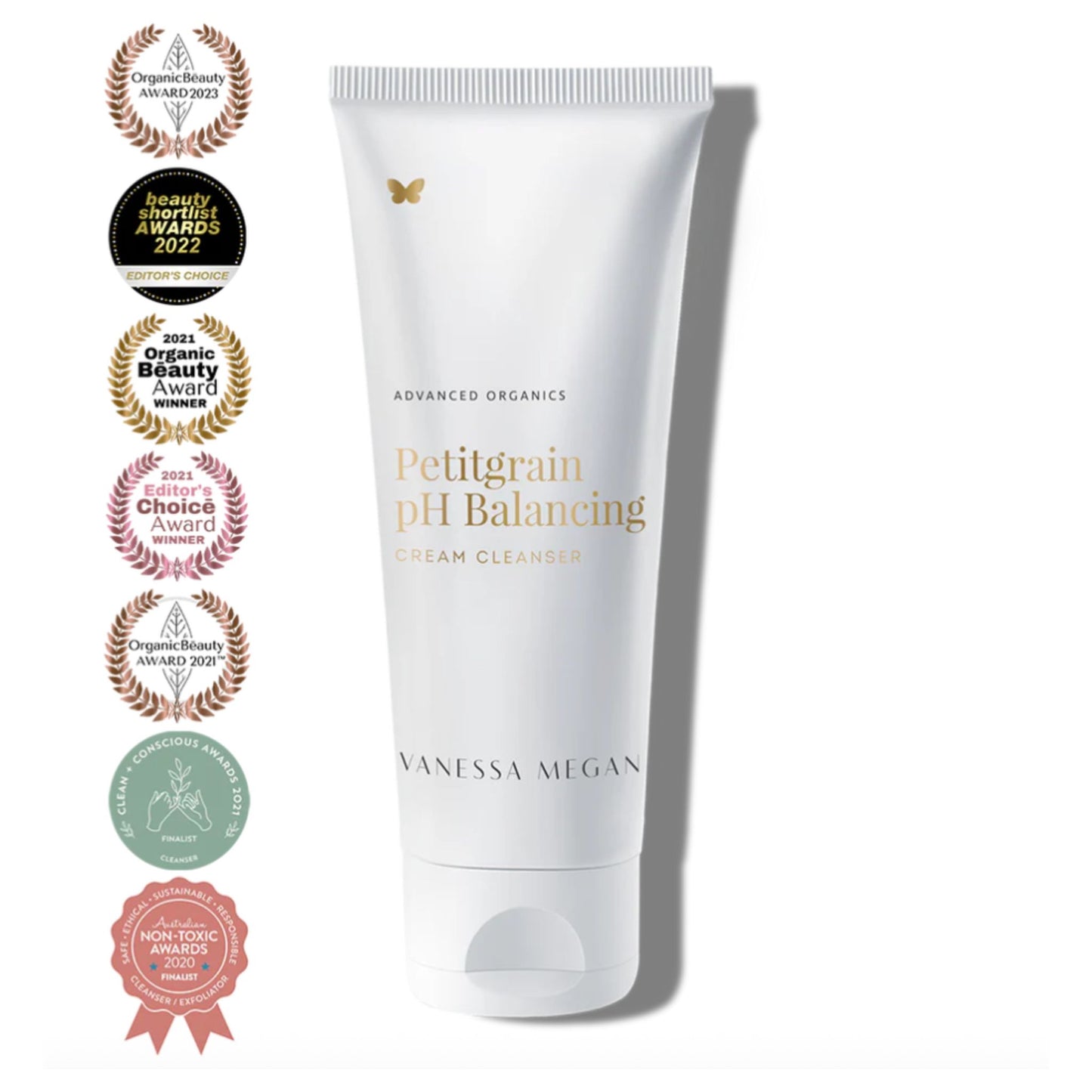 Vanessa Megan Petitgrain pH Balancing Cream Cleanser with award badges – award-winning natural cream cleanser for balanced skin