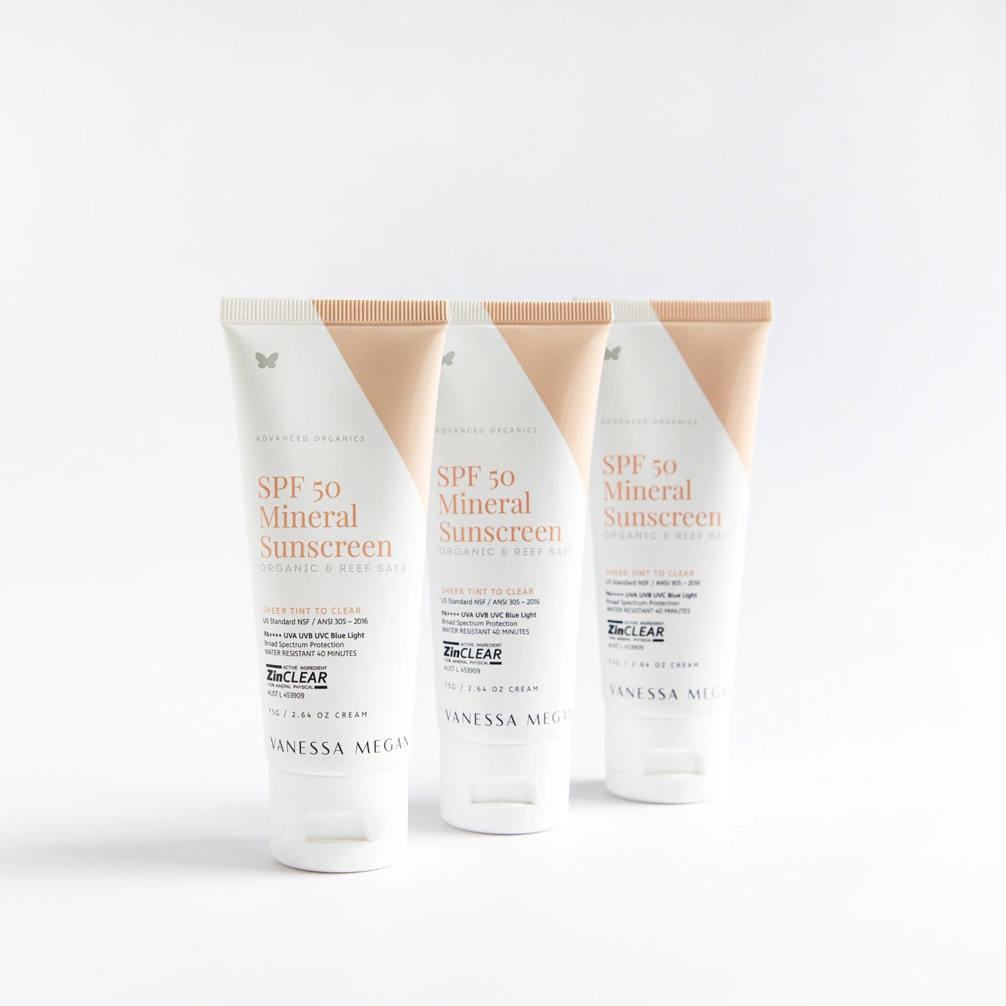 3 tubes of Vanessa Megan SPF 50 Mineral Sunscreen –organic, reef-safe SPF 50 broad-spectrum sunscreen at Intentionally Natural NZ.