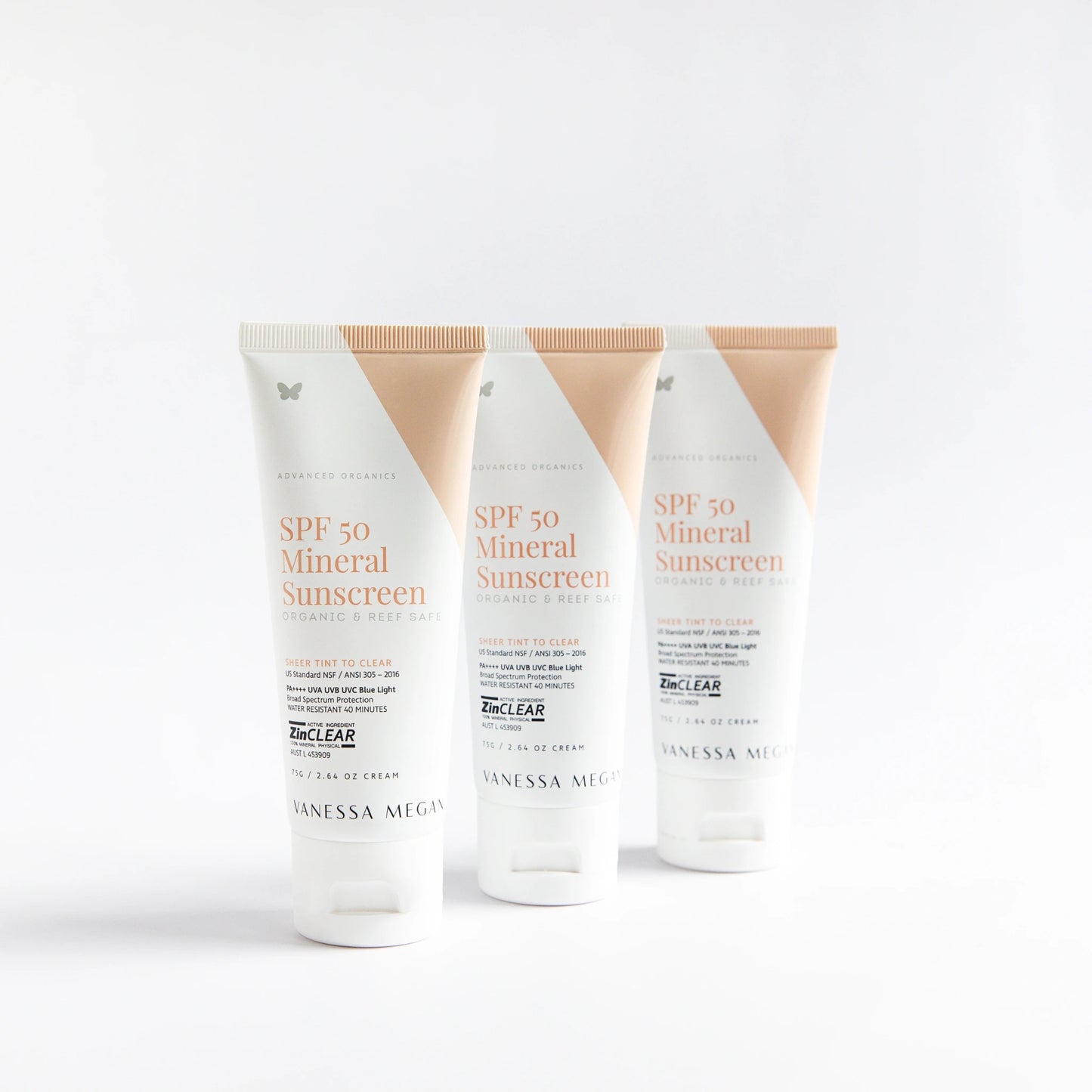 3 tubes of Vanessa Megan SPF 50 Mineral Sunscreen –organic, reef-safe SPF 50 broad-spectrum sunscreen at Intentionally Natural NZ.

