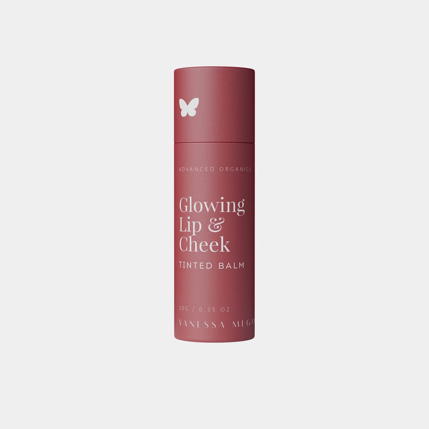 Vanessa Megan Glowing Lip & Cheek Tinted Balm in compostable tube, natural pigment for lips and cheeks.