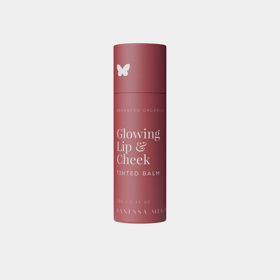Vanessa Megan Glowing Lip & Cheek Tinted Balm in compostable tube, natural pigment for lips and cheeks.
