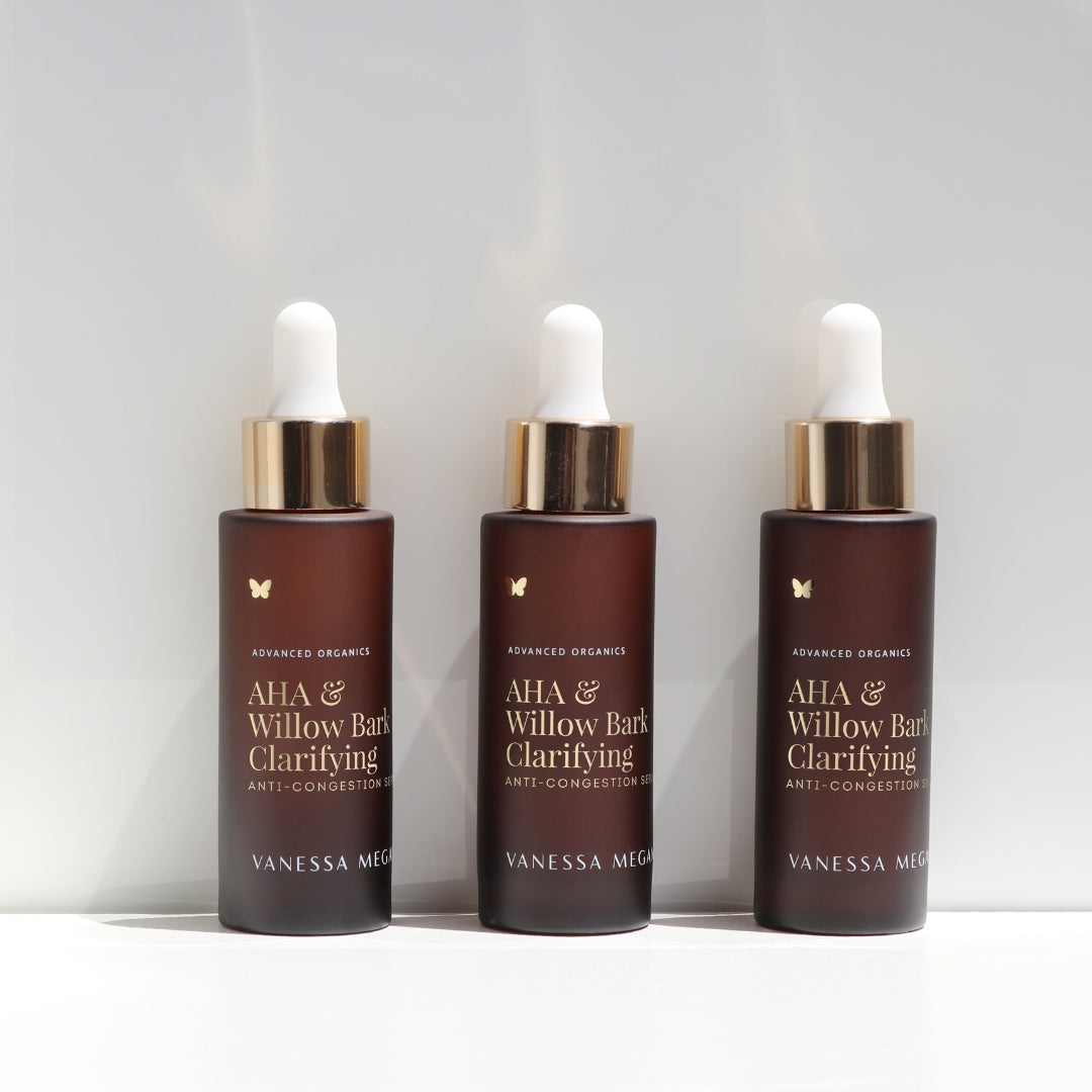 AHA and Willow Bark Clarifying serum bottles
