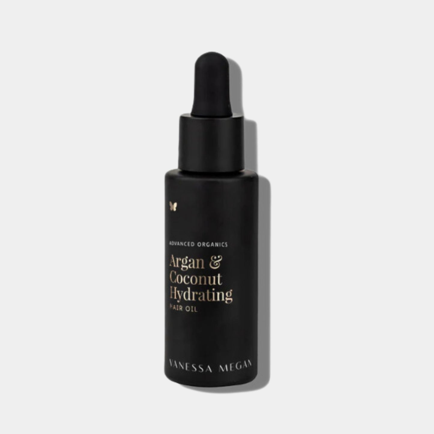 Vanessa Megan Argan and Coconut Hydrating Hair Oil in black matte dropper bottle — natural hair treatment for dry, damaged, or frizzy hair