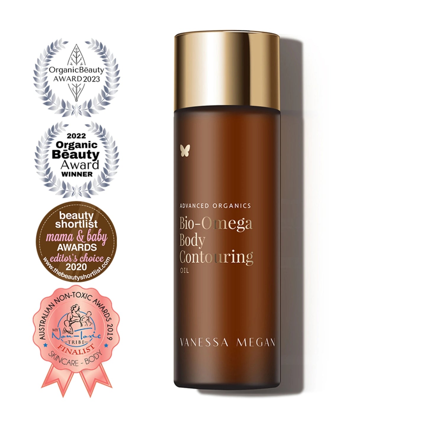 Vanessa Megan Bio Omega Body Contouring Oil with Organic Beauty Awards, Beauty Shortlist and Australian Non Toxic Awards badges.