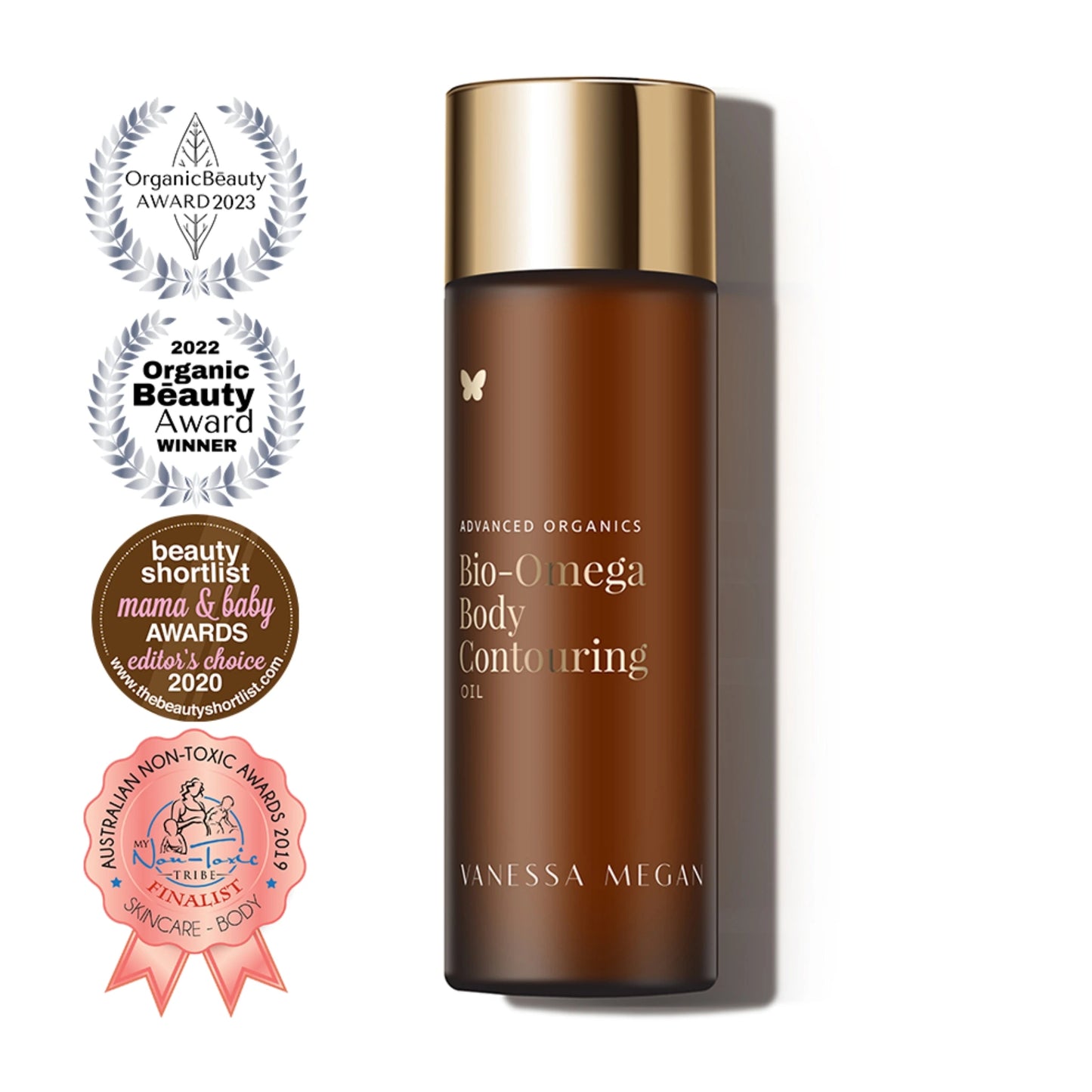 Vanessa Megan Bio-Omega Body Contouring Oil with awards badges