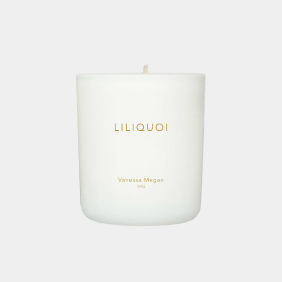 300G Vanessa Megan Liliquoi 100% Natural Soy Wax Candle in white glass jar with cotton wick.