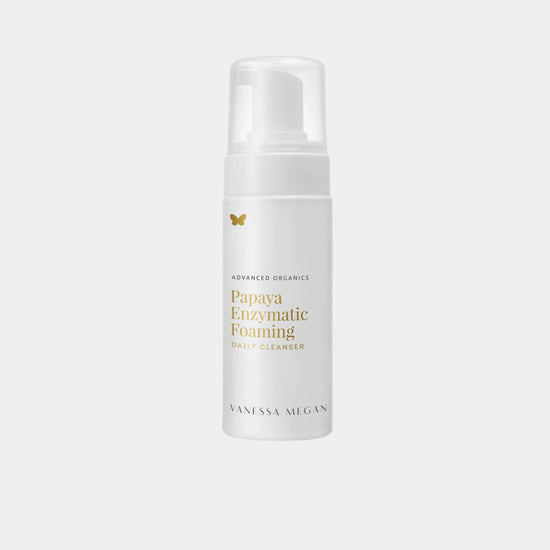 Vanessa Megan Papaya Enzymatic Foaming Daily Cleanser natural exfoliating facial cleanser with papaya enzymes in foaming pump bottle.