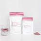 Vanessa Megan Astaxanthin and Marine Collagen Skin Boost 150g and 35g pouches displayed with pink collagen powder sample and a glass