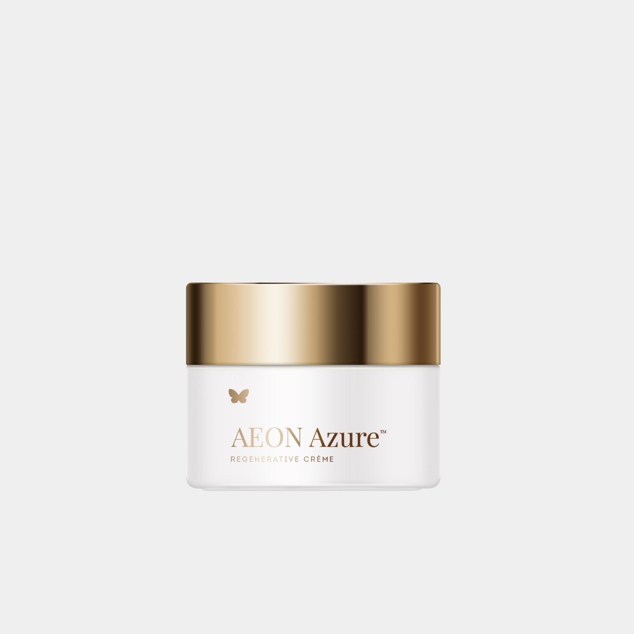 Vanessa Megan AEON Azure Regenerative Cream in white jar with gold lid.