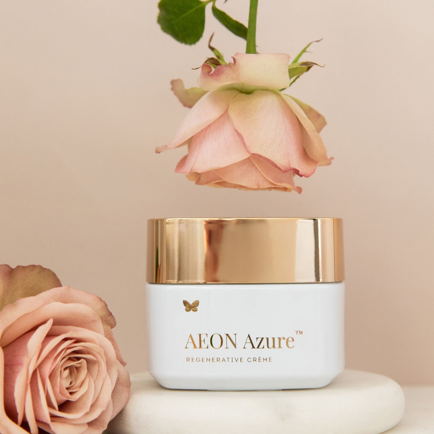 Vanessa Megan AEON Azure Regenerative Cream luxury face cream jar with gold lid and blush rose flowers.