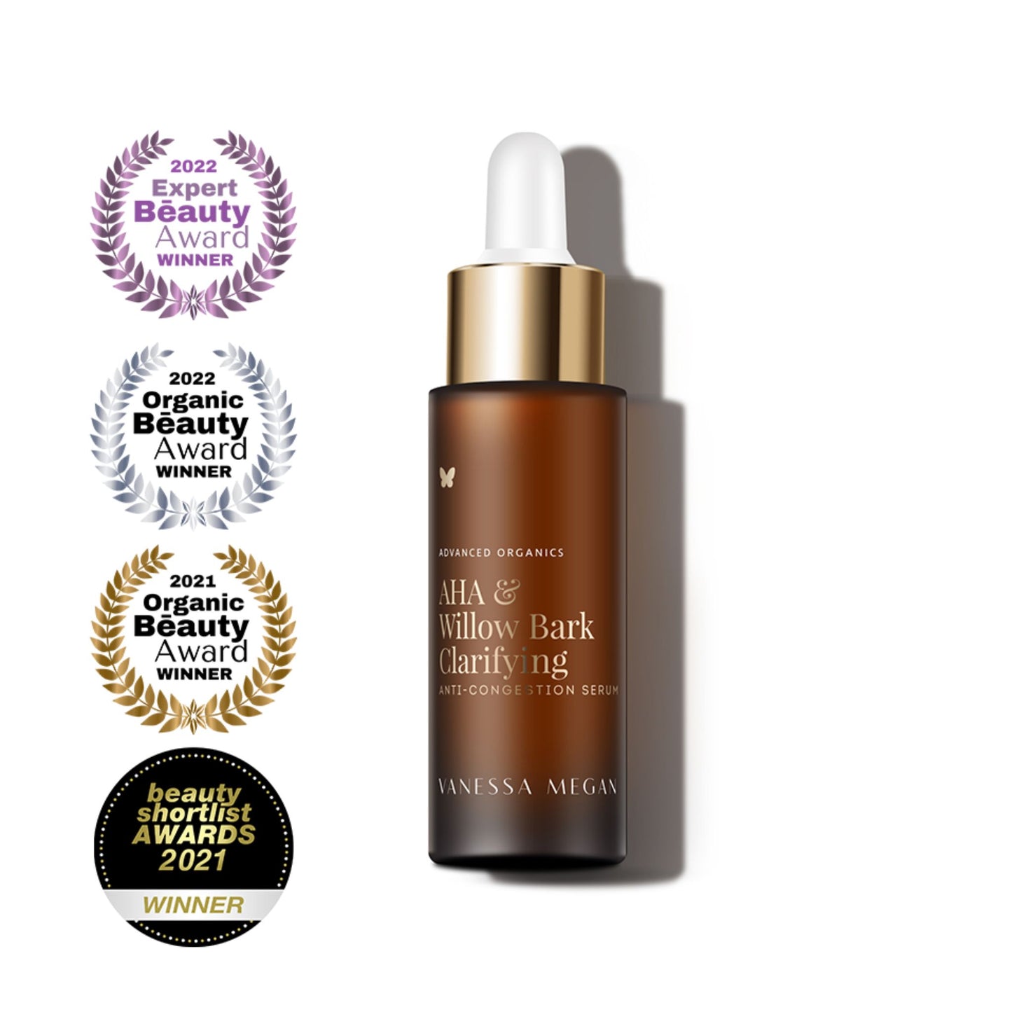 Vanessa Megan AHA and Willow Bark Clarifying Serum with beauty award badges.