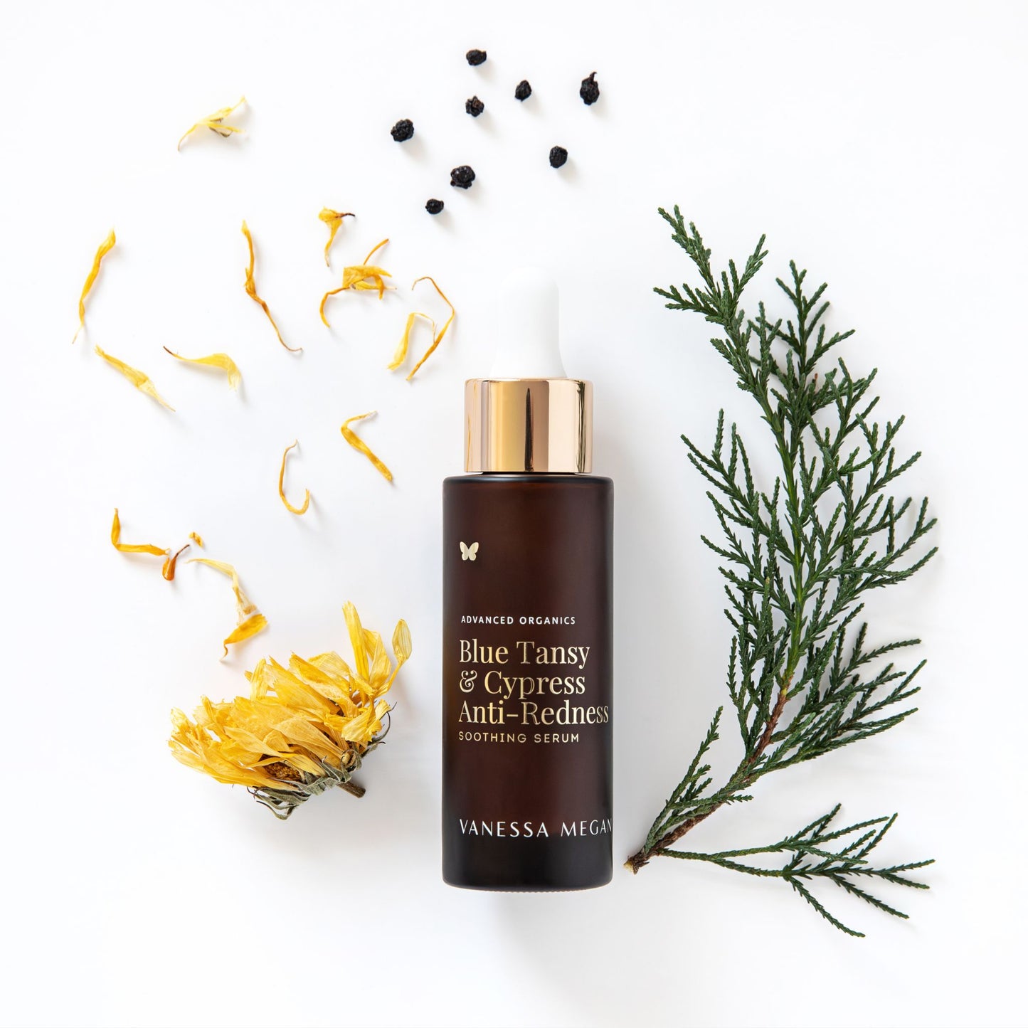 Vanessa Megan Blue Tansy and Cypress Anti Redness Soothing Serum bottle with dropper on white background, styled with calendula petals, dried berries and fresh cypress sprig highlighting natural botanical ingredients.