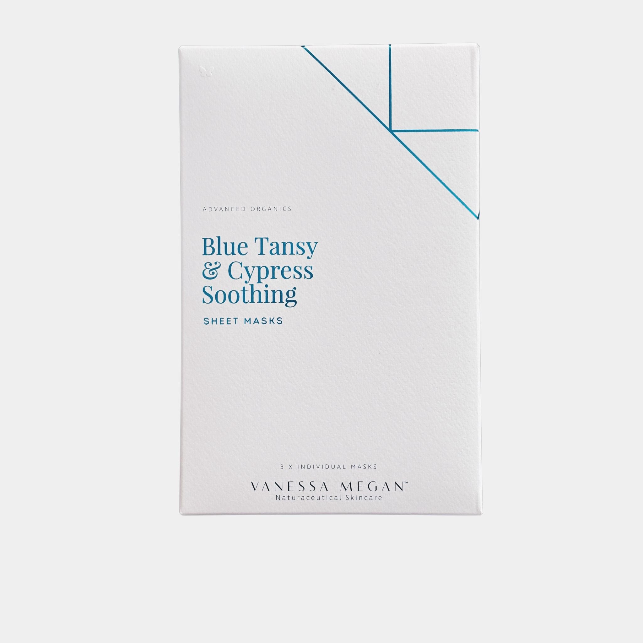 Vanessa Megan Blue Tansy and Cypress Soothing Sheet Masks box, advanced organics calming treatment set with 3 hydrating anti redness sheet masks ideal for all skin types especially sensitive and reactive skin.