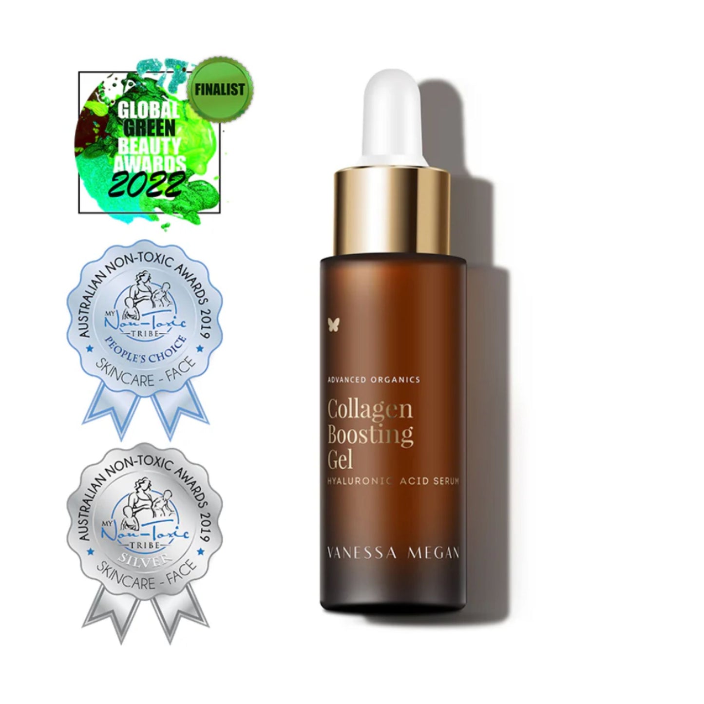 Vanessa Megan Collagen Boosting Gel Hyaluronic Acid Serum with Global Green Beauty Award and Australian Non-Toxic Awards.