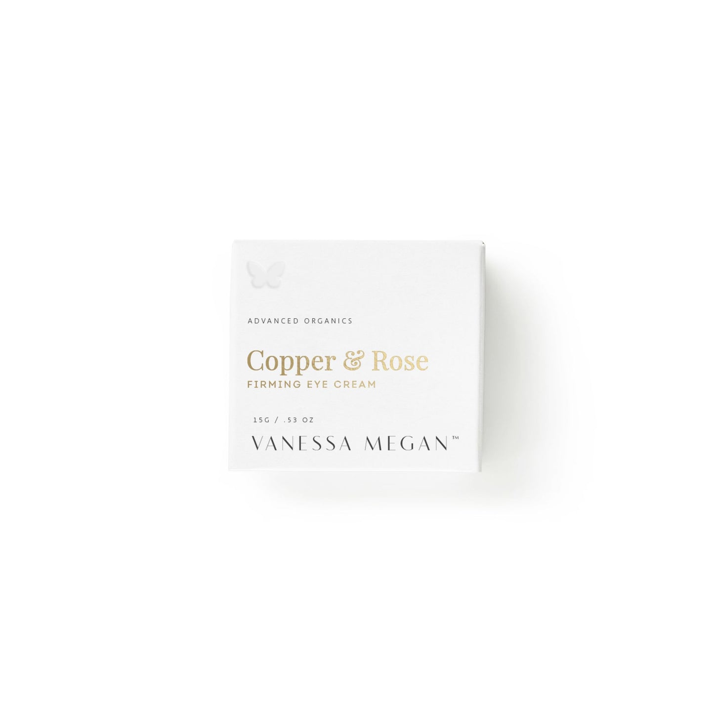 Vanessa Megan Copper and Rose Firming Eye Cream 15g packaging, natural firming eye treatment in glass jar boxed in recyclable packaging.