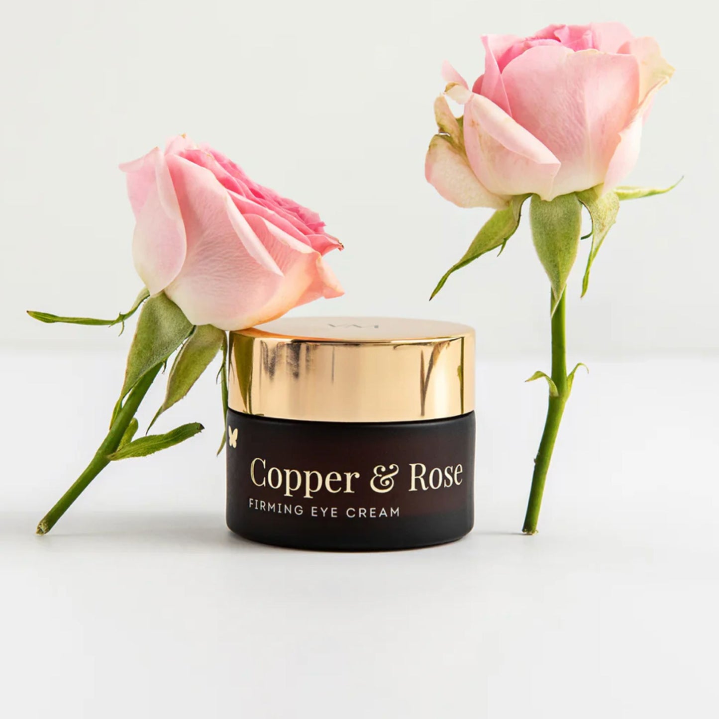 Vanessa Megan Copper & Rose Firming Eye Cream with fresh rose blooms, natural collagen boosting eye treatment for fine lines and mature skin, available in New Zealand at Intentionally Natural.